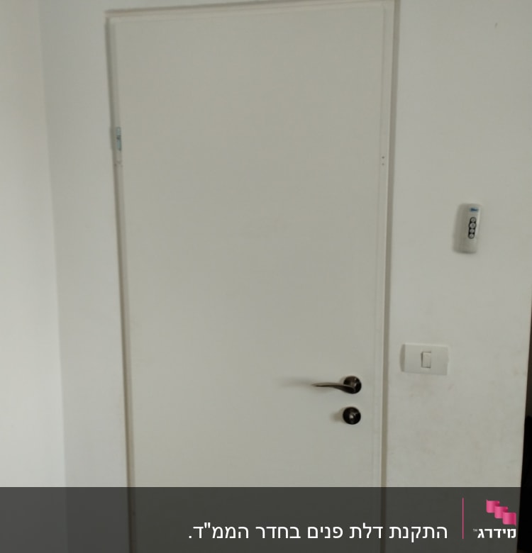 דלת לבנה עם ידית מתכתית ומתג ליד